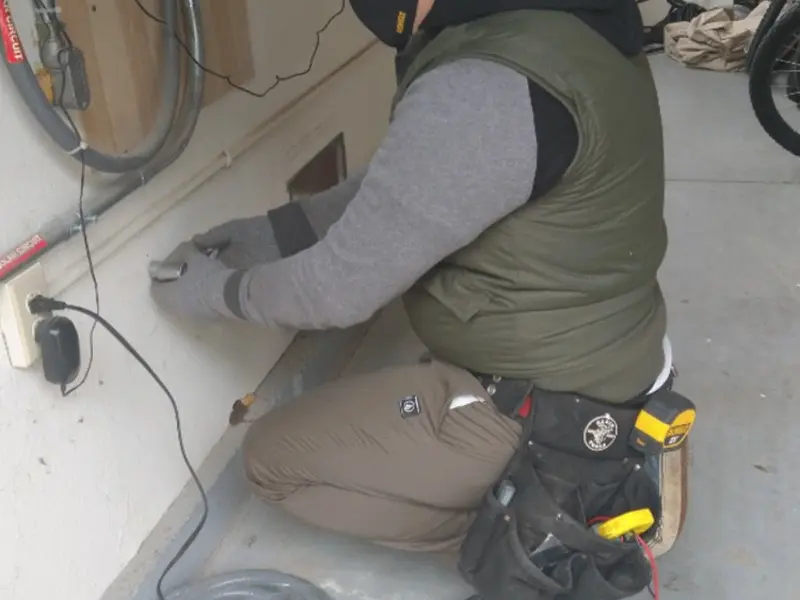 Electrician performing outlet wiring in a Zeeland garage